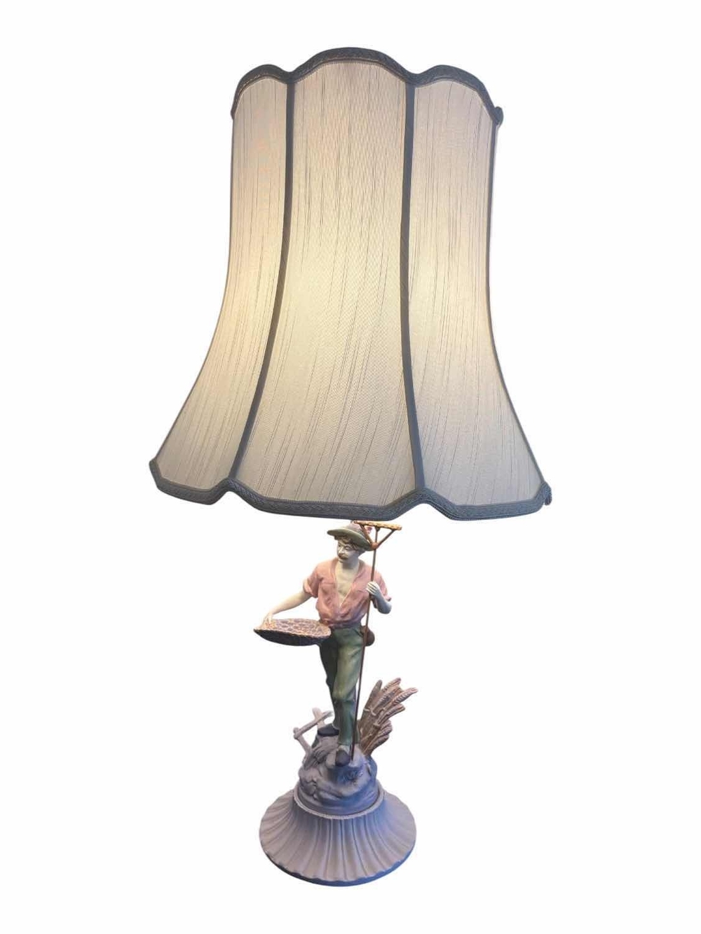 Vintage Farmer Figurine Table Lamp with Pleated Shade - Cream & Green